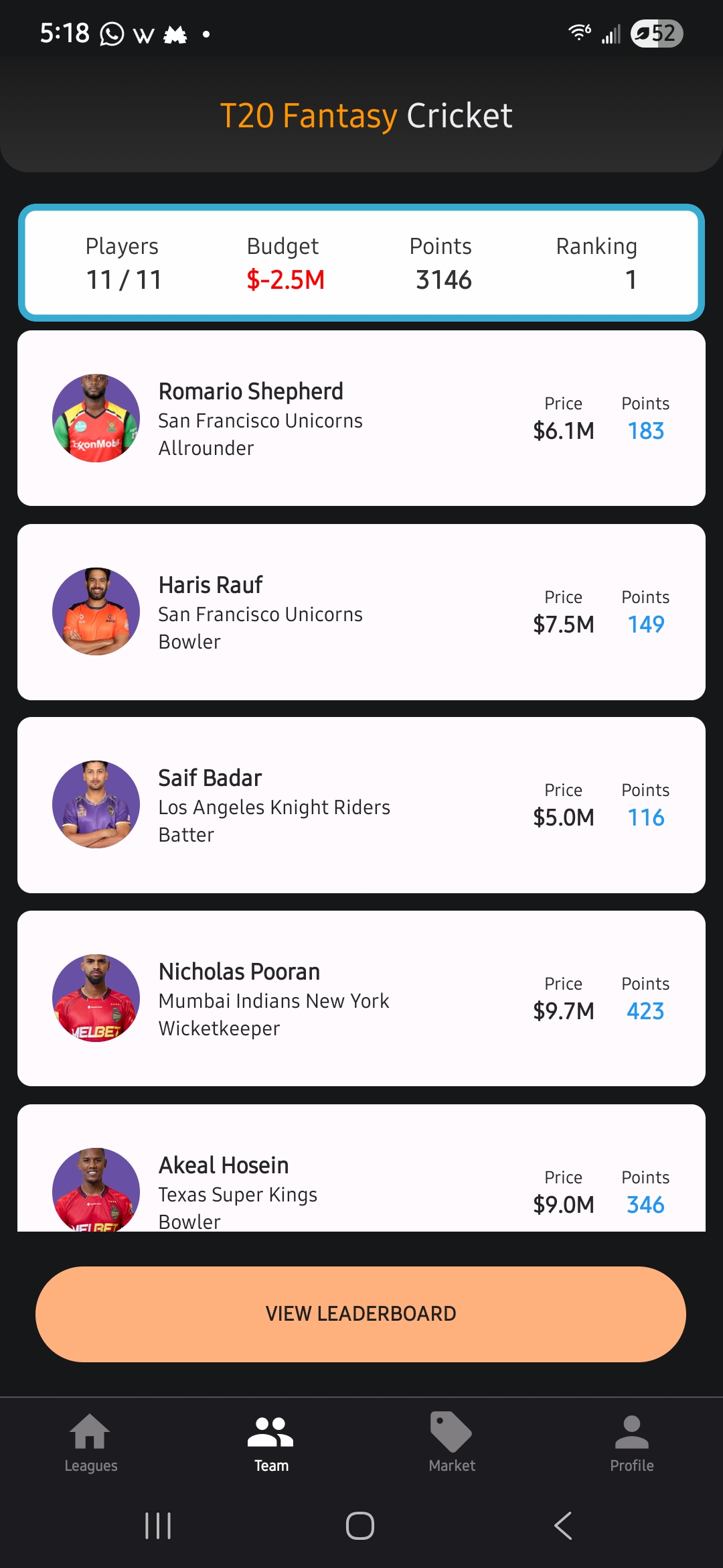 Player team and ranking inside the T20 Fantasy Cricket app